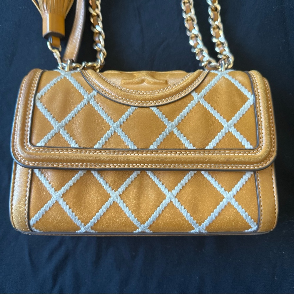 Tory Burch Fleming Pop Quilt Small Convertible Shoulder Bag in tan spice cannoli